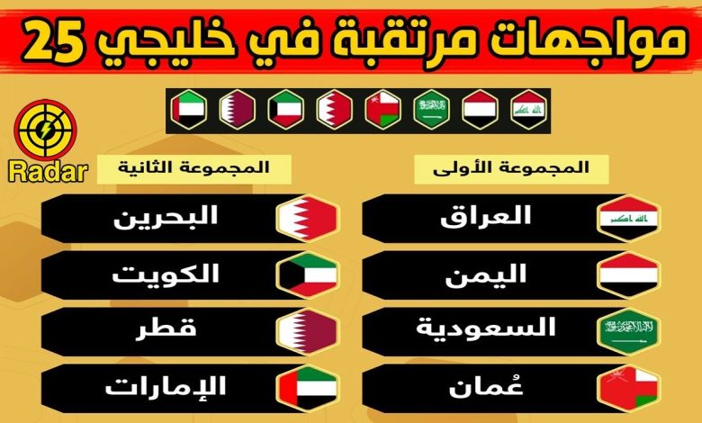 جدول مباريات كأس الخليج العربي 25 والقنوات الناقلة والمجموعات